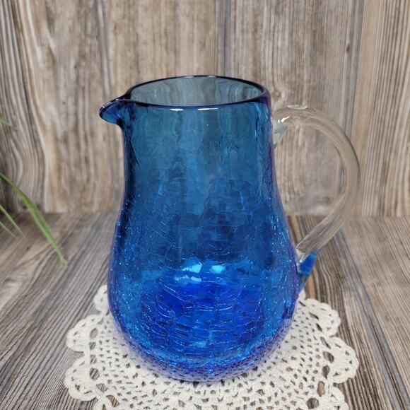 Vintage Blue Crackle Glass Pitcher Mid Century Decor - Picture 2 of 5